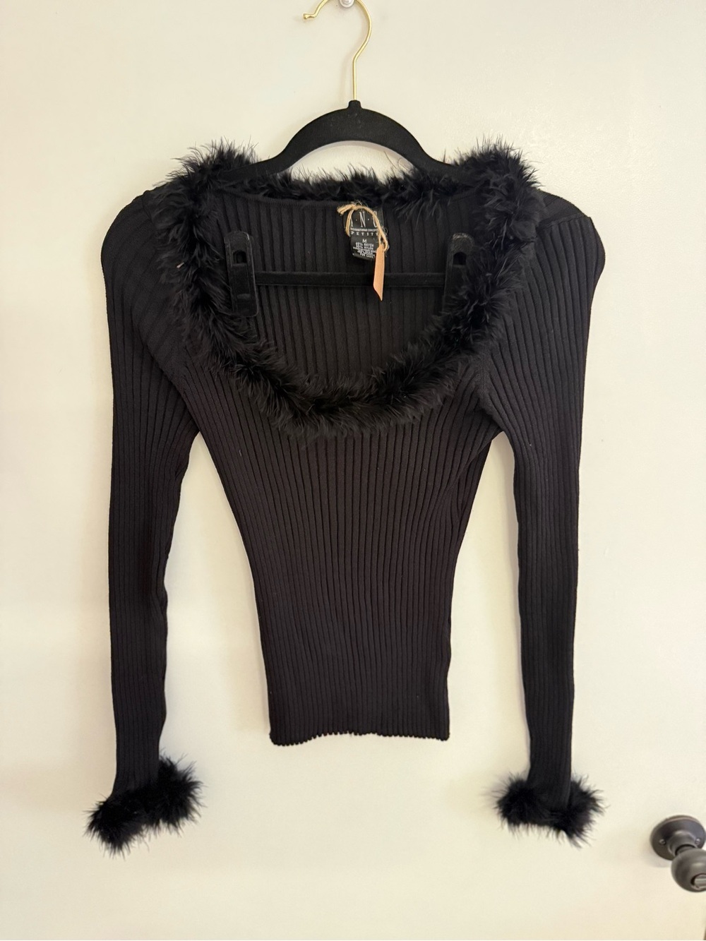 INC International Concepts Black Ribbed Long-Sleeve Top with Feather Trim